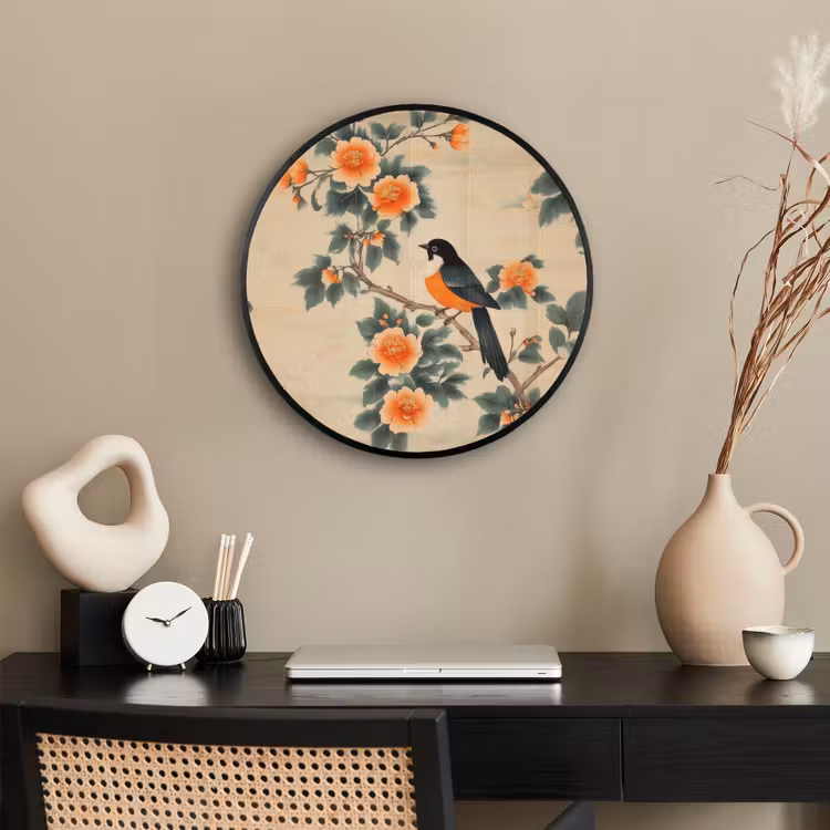 Ronde fotolijst - Vogel - Tak - Bloemen - Oranje — 3