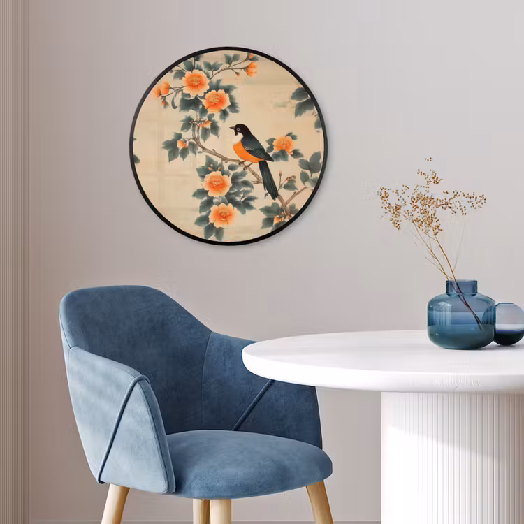 Ronde fotolijst - Vogel - Tak - Bloemen - Oranje — 4