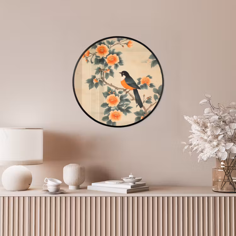 Ronde fotolijst - Vogel - Tak - Bloemen - Oranje — 5