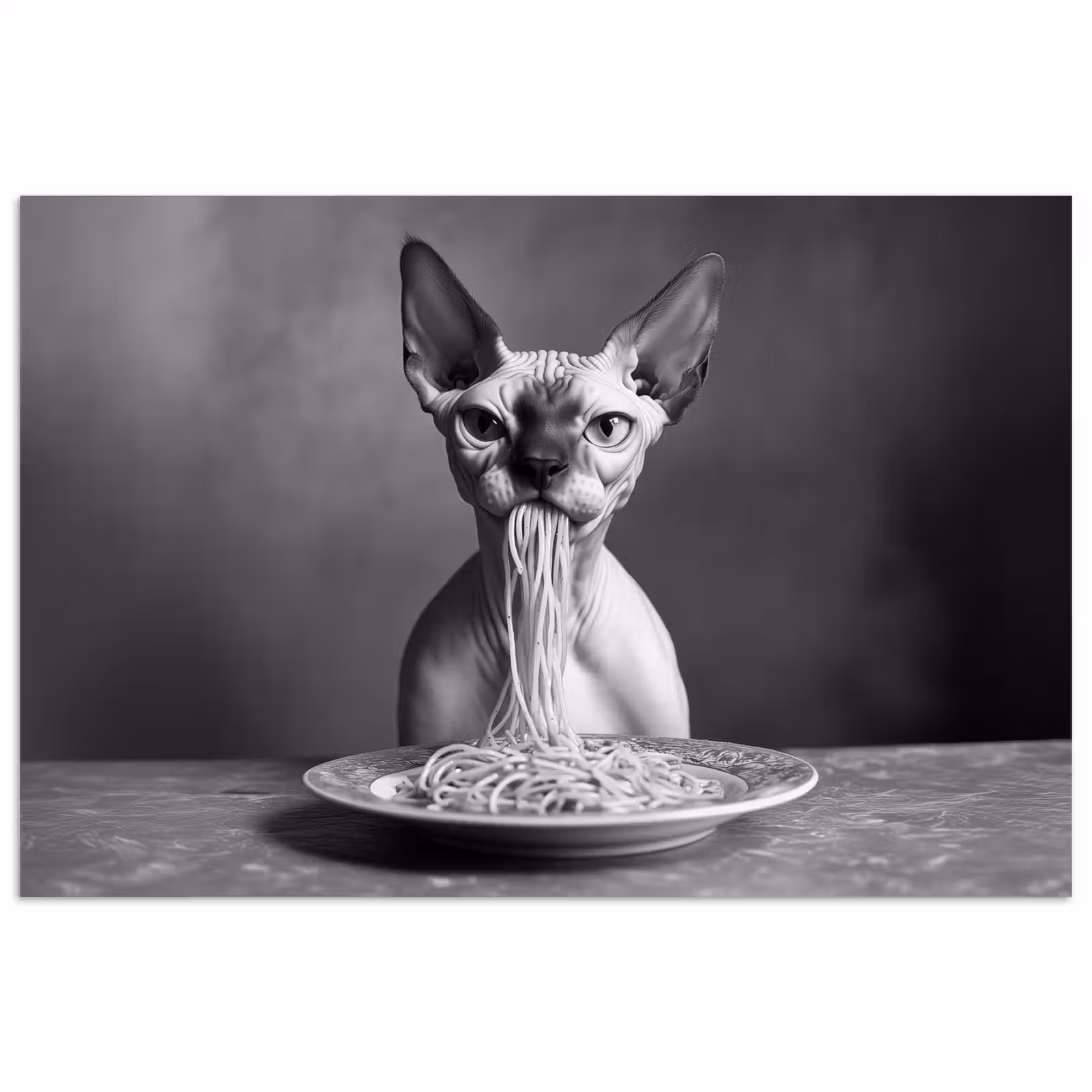 Poster – Sphynx - Kat - Dieren - Humor - Spaghetti - Zwart Wit — 1