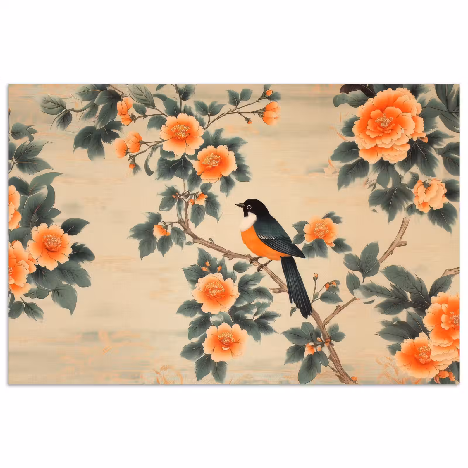 Poster – Vogel - Tak - Bloemen - Oranje — 1