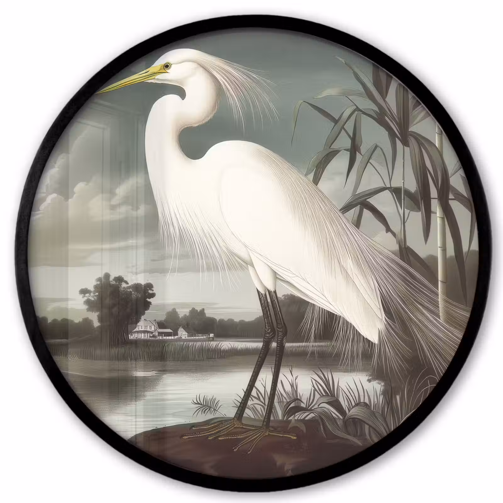 Ronde fotolijst - Reiger - Planten - Wolken - Wit — 1