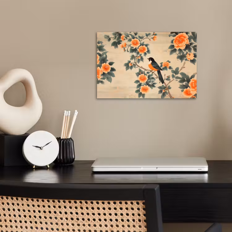 Poster – Vogel - Tak - Bloemen - Oranje — 2