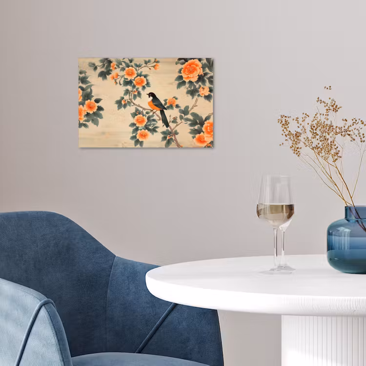 Poster – Vogel - Tak - Bloemen - Oranje — 4