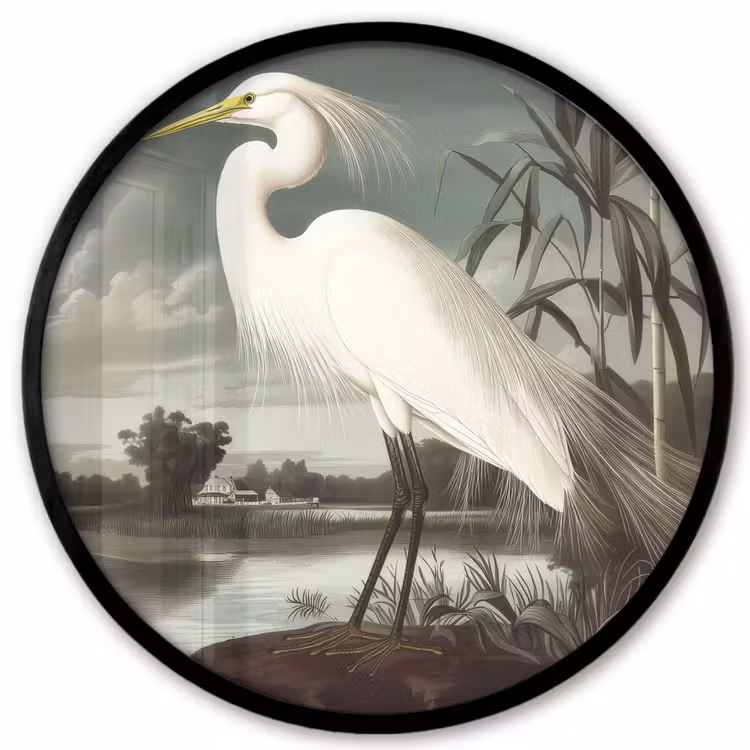 Ronde fotolijst - Reiger - Planten - Wolken - Wit — 1
