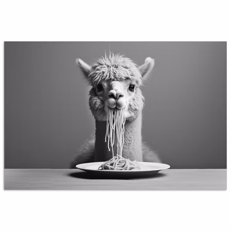 Poster – Alpaca - Pasta - Zwart - Wit - Grappig - Dieren — 1