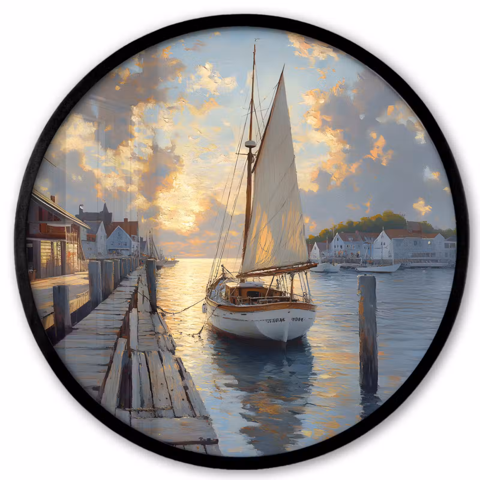 Ronde fotolijst - Zeilboot - Zon - Pier - Hout — 1