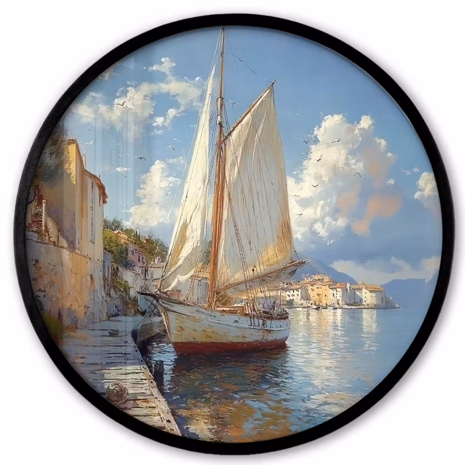 Ronde fotolijst - Zeilschip - Huizen - Kade - Zee — 1