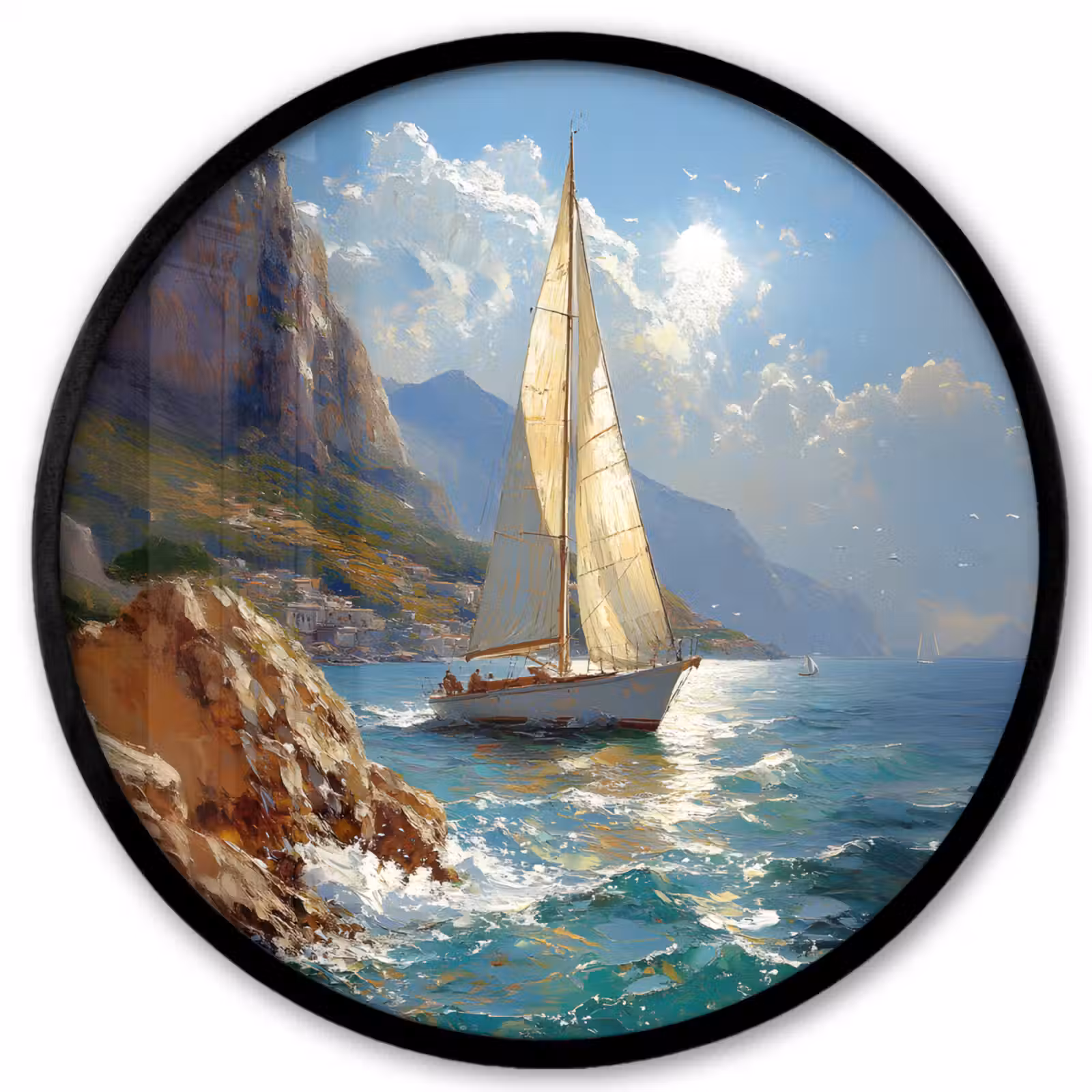 Ronde fotolijst - Zeilschip - Zee - Rotsen - Wolken — 1