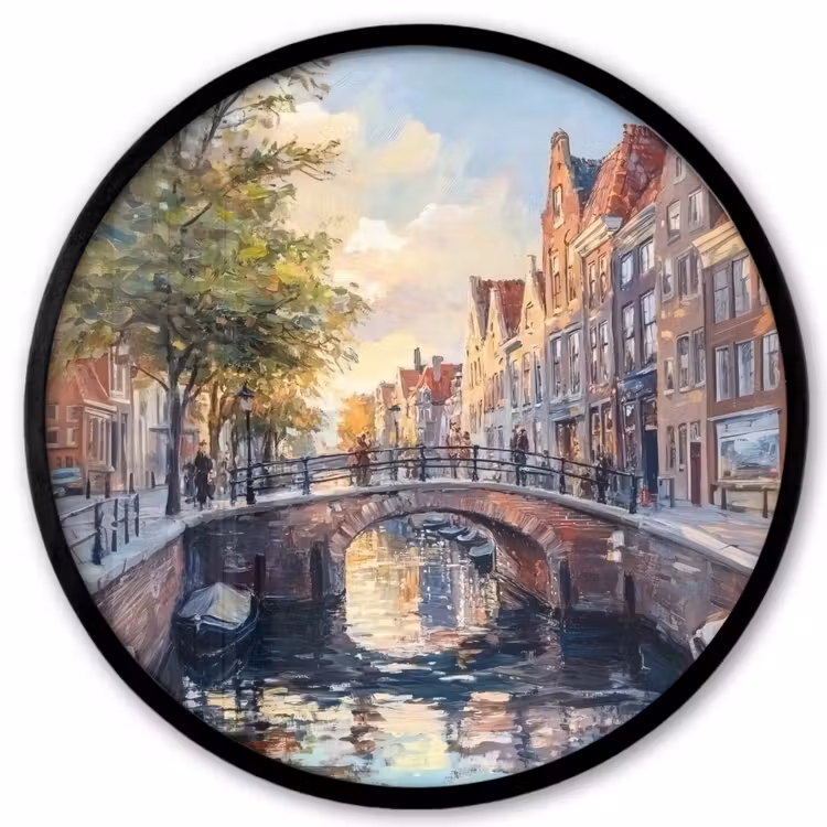 Ronde fotolijst - Brug - Stad - Huizen - Boot — 1