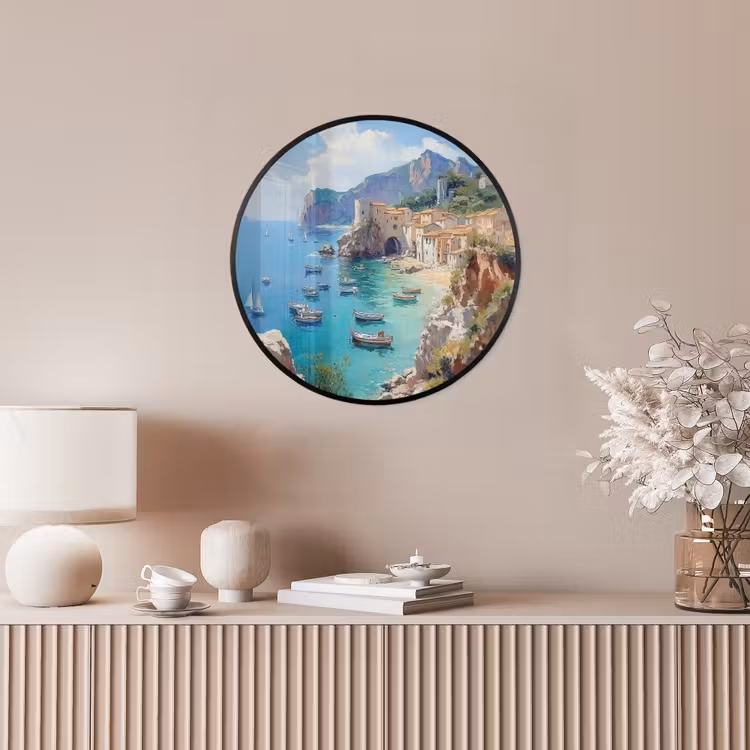 Ronde fotolijst - Kustdorp - Schilderij - Rotsen - Boten — 5
