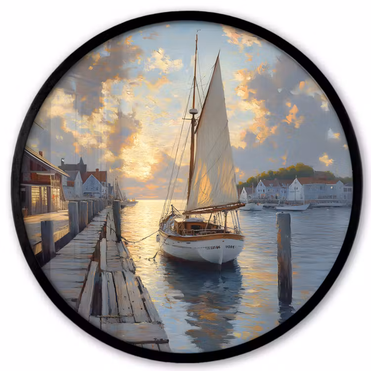 Ronde fotolijst - Zeilboot - Zon - Pier - Hout — 1