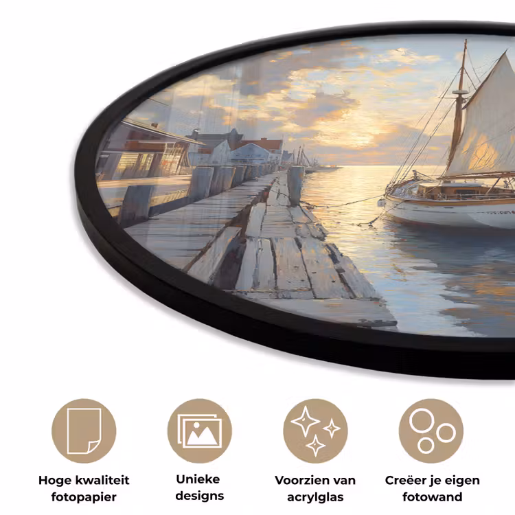 Ronde fotolijst - Zeilboot - Zon - Pier - Hout — 2