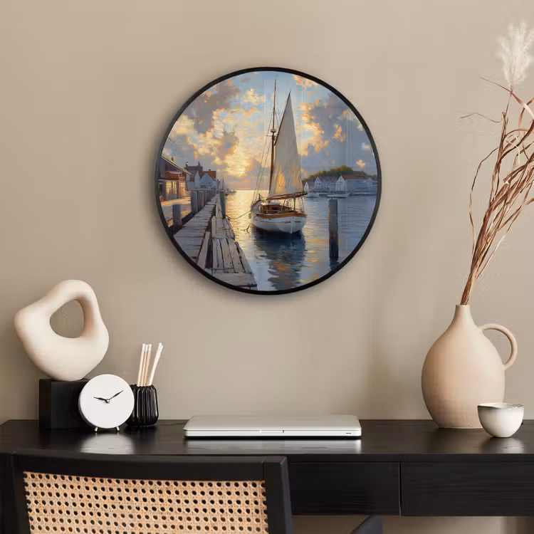 Ronde fotolijst - Zeilboot - Zon - Pier - Hout — 3