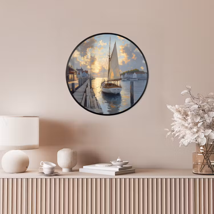 Ronde fotolijst - Zeilboot - Zon - Pier - Hout — 5