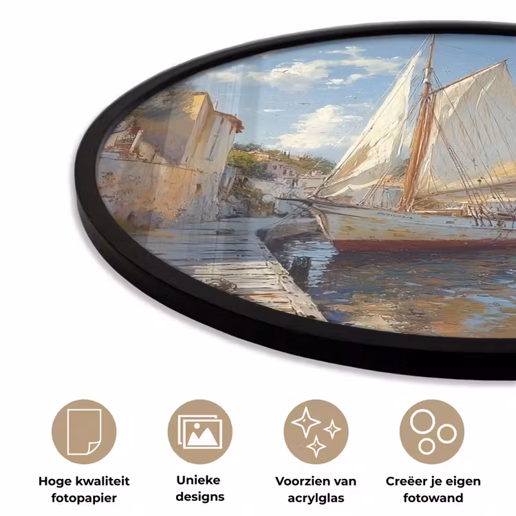 Ronde fotolijst - Zeilschip - Huizen - Kade - Zee — 2