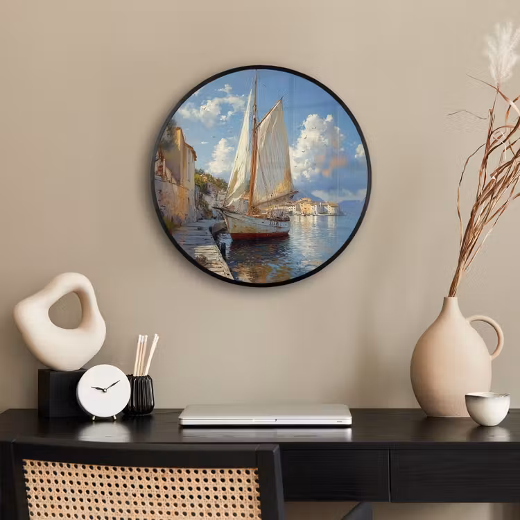 Ronde fotolijst - Zeilschip - Huizen - Kade - Zee — 3