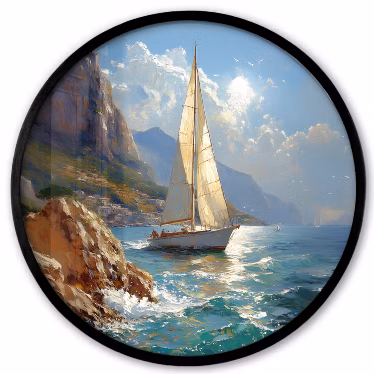 Ronde fotolijst - Zeilschip - Zee - Rotsen - Wolken — 1