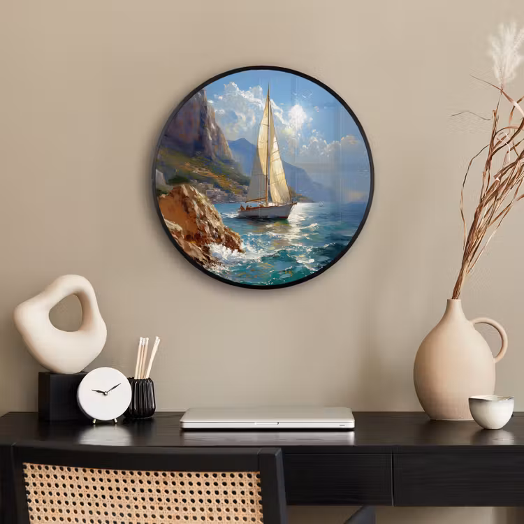 Ronde fotolijst - Zeilschip - Zee - Rotsen - Wolken — 3