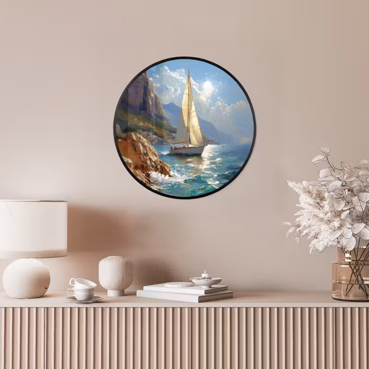 Ronde fotolijst - Zeilschip - Zee - Rotsen - Wolken — 5
