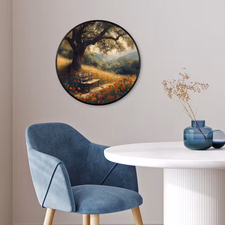 Ronde fotolijst - Bankje - Boom - Klaprozen - Heuvels — 4