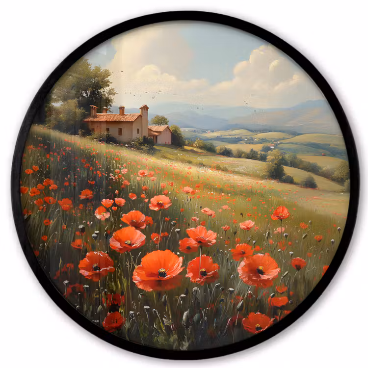 Ronde fotolijst - Klaprozen - Rood - Heuvels - Landschap — 1