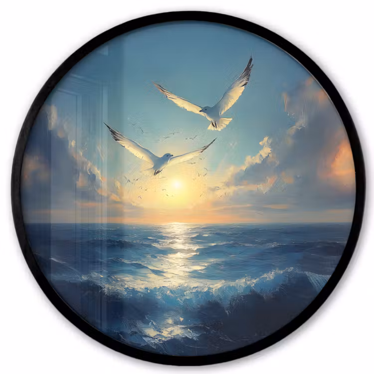 Ronde fotolijst - Meeuwen - Zee - Wolken -Blauw — 1