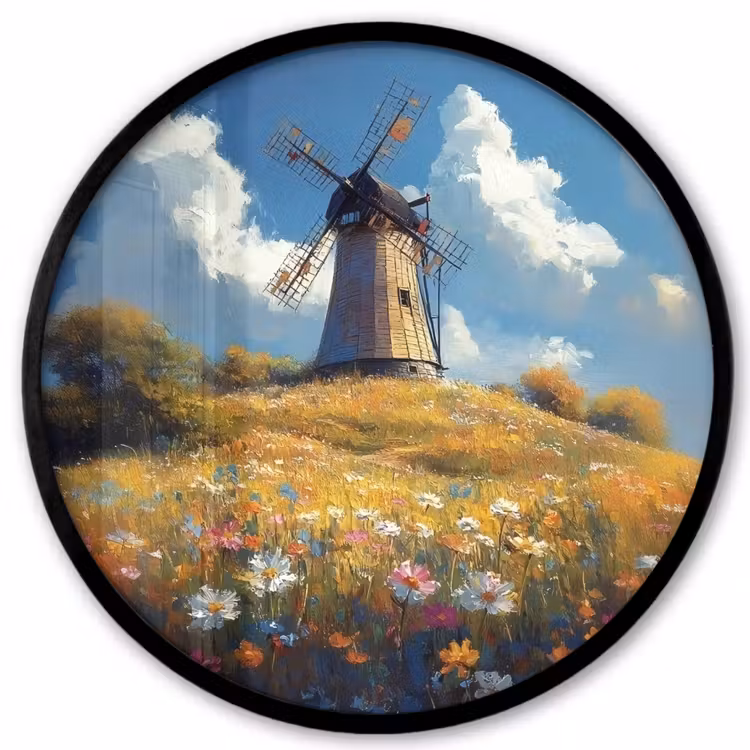 Ronde fotolijst - Windmolen - Heuvel - Bloemen - Kleurrijk — 1
