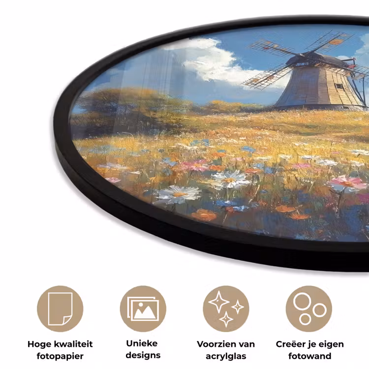 Ronde fotolijst - Windmolen - Heuvel - Bloemen - Kleurrijk — 2