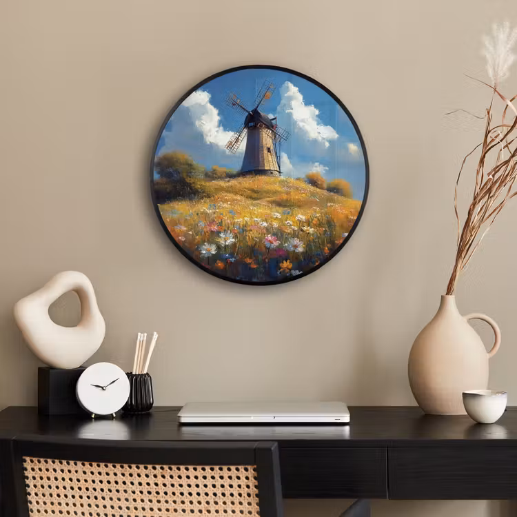 Ronde fotolijst - Windmolen - Heuvel - Bloemen - Kleurrijk — 3