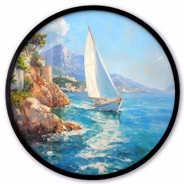 Ronde fotolijst - Zeilboot - Rotsen - Kust - Huizen — 1