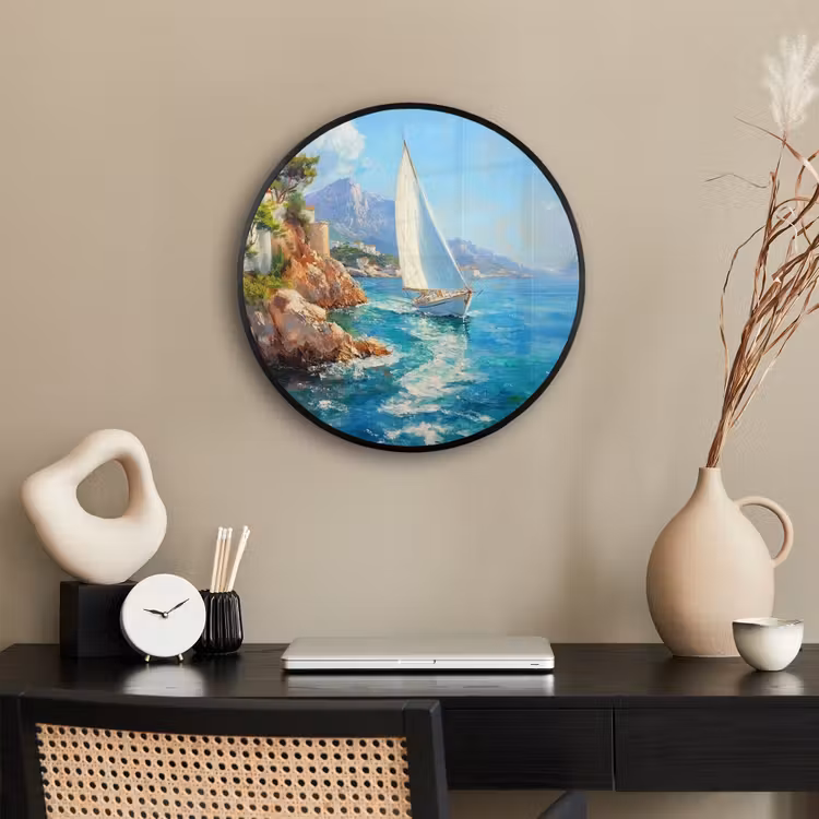 Ronde fotolijst - Zeilboot - Rotsen - Kust - Huizen — 3