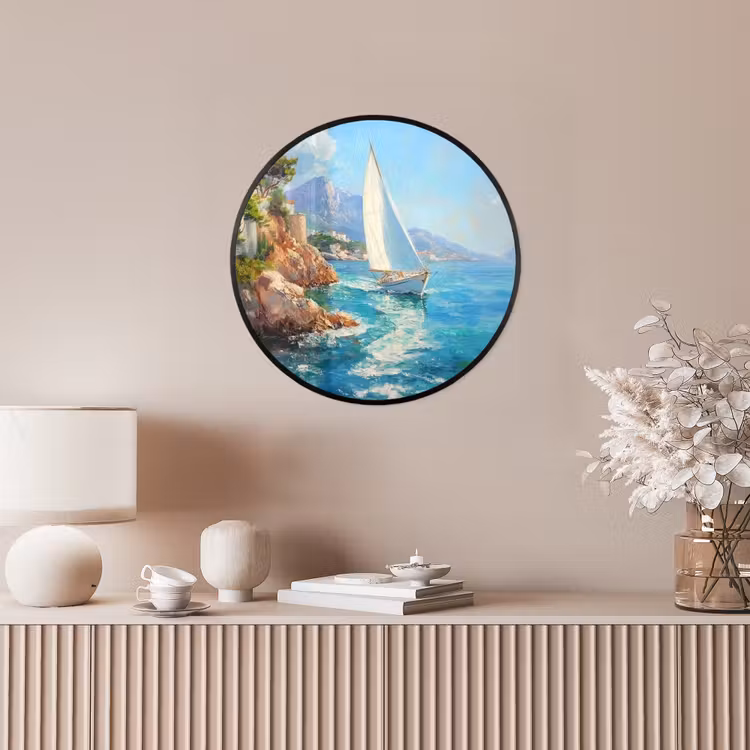 Ronde fotolijst - Zeilboot - Rotsen - Kust - Huizen — 5