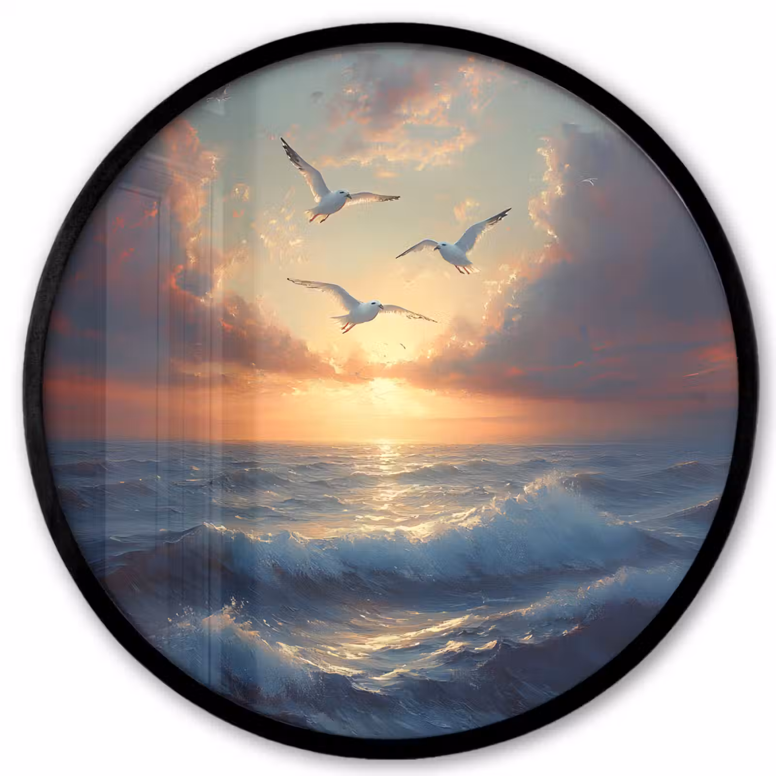 Ronde fotolijst - Meeuwen - Zonsondergang - Zee - Wolken — 1