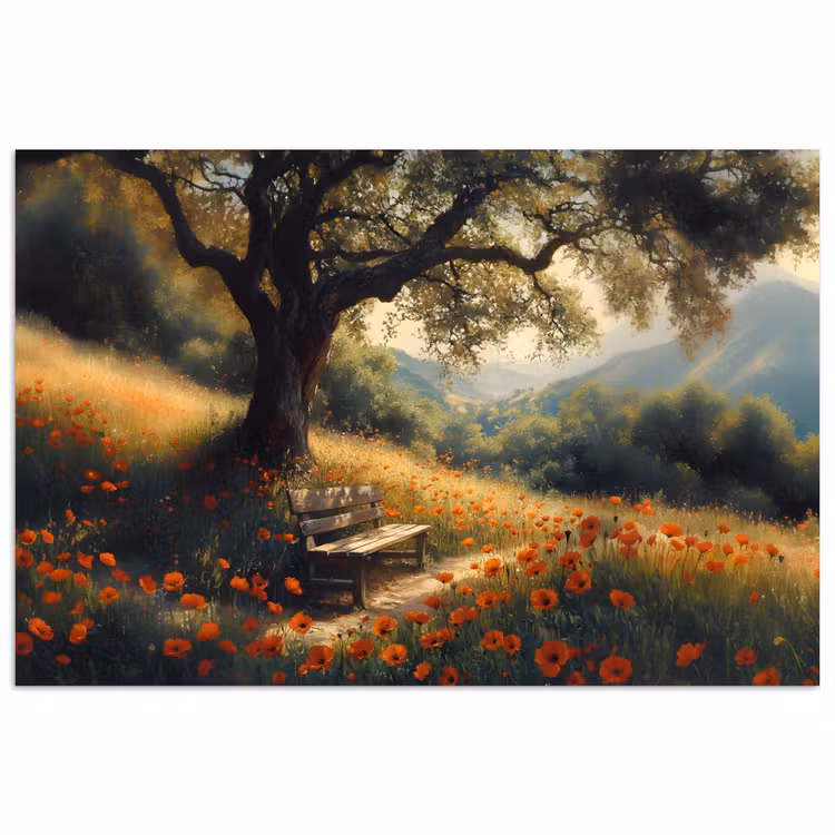 Poster – Bankje - Boom - Klaprozen - Heuvels — 1