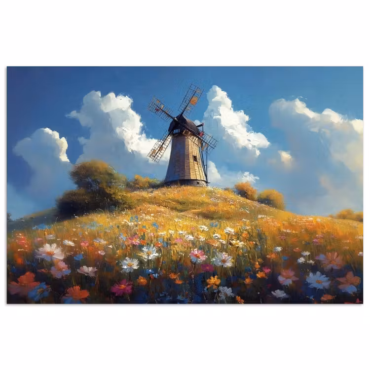 Poster – Windmolen - Heuvel - Bloemen - Kleurrijk — 1