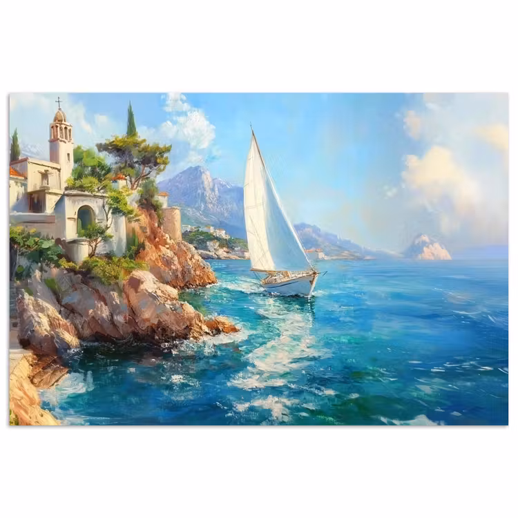 Poster – Zeilboot - Rotsen - Kust - Huizen — 1