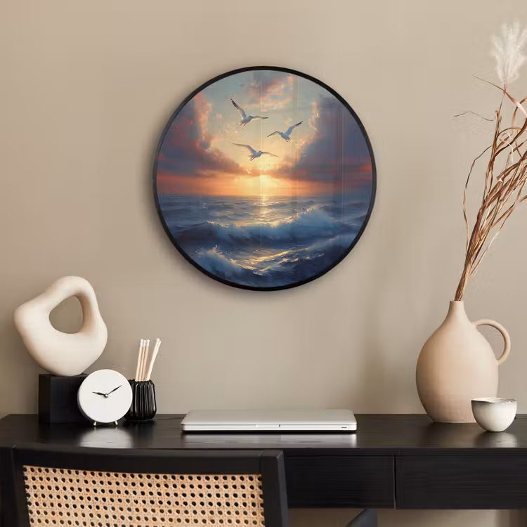 Ronde fotolijst - Meeuwen - Zonsondergang - Zee - Wolken — 3