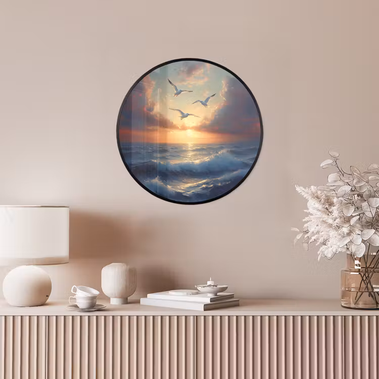 Ronde fotolijst - Meeuwen - Zonsondergang - Zee - Wolken — 5