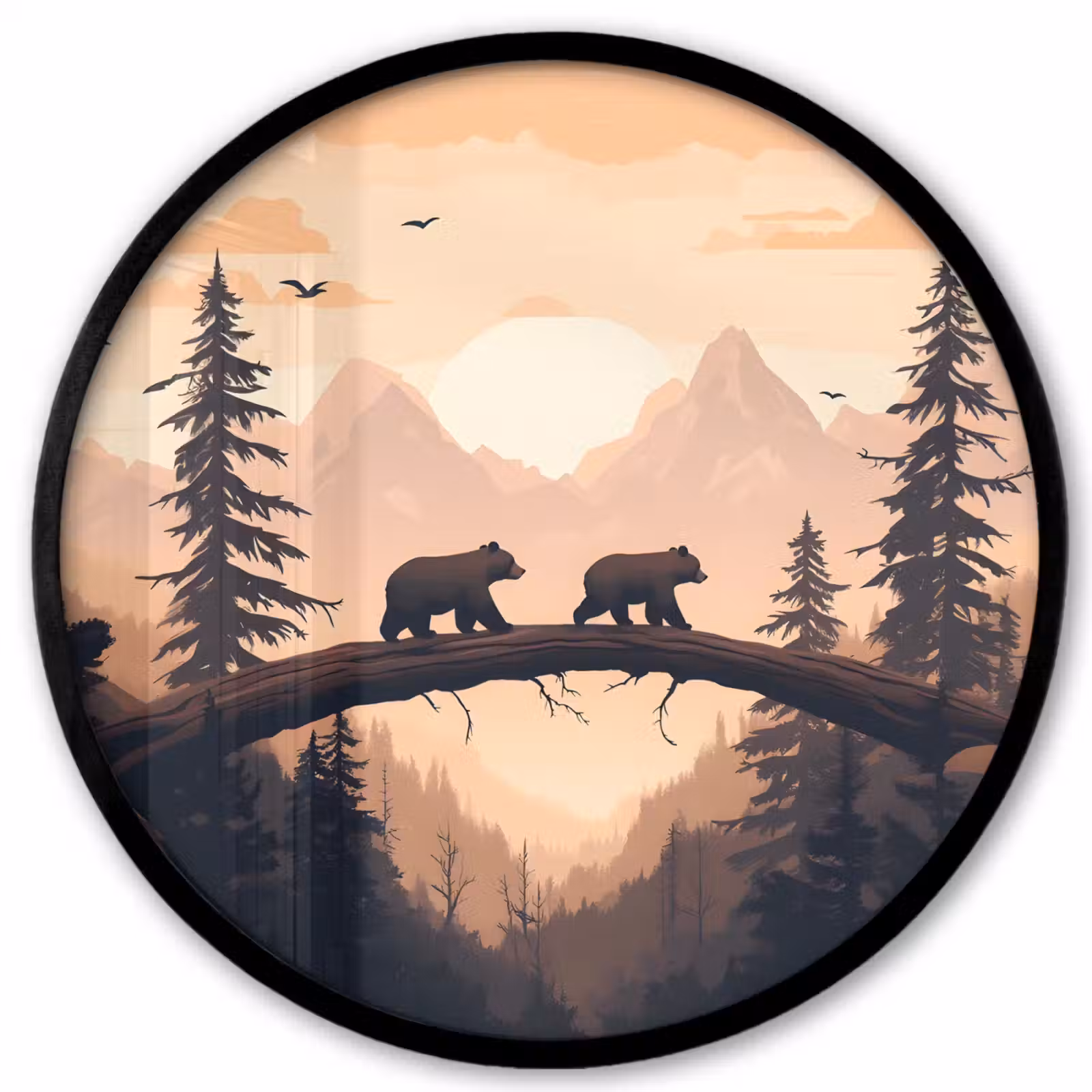 Ronde fotolijst - Beren - Bomen - Landschap - Zonsondergang — 1