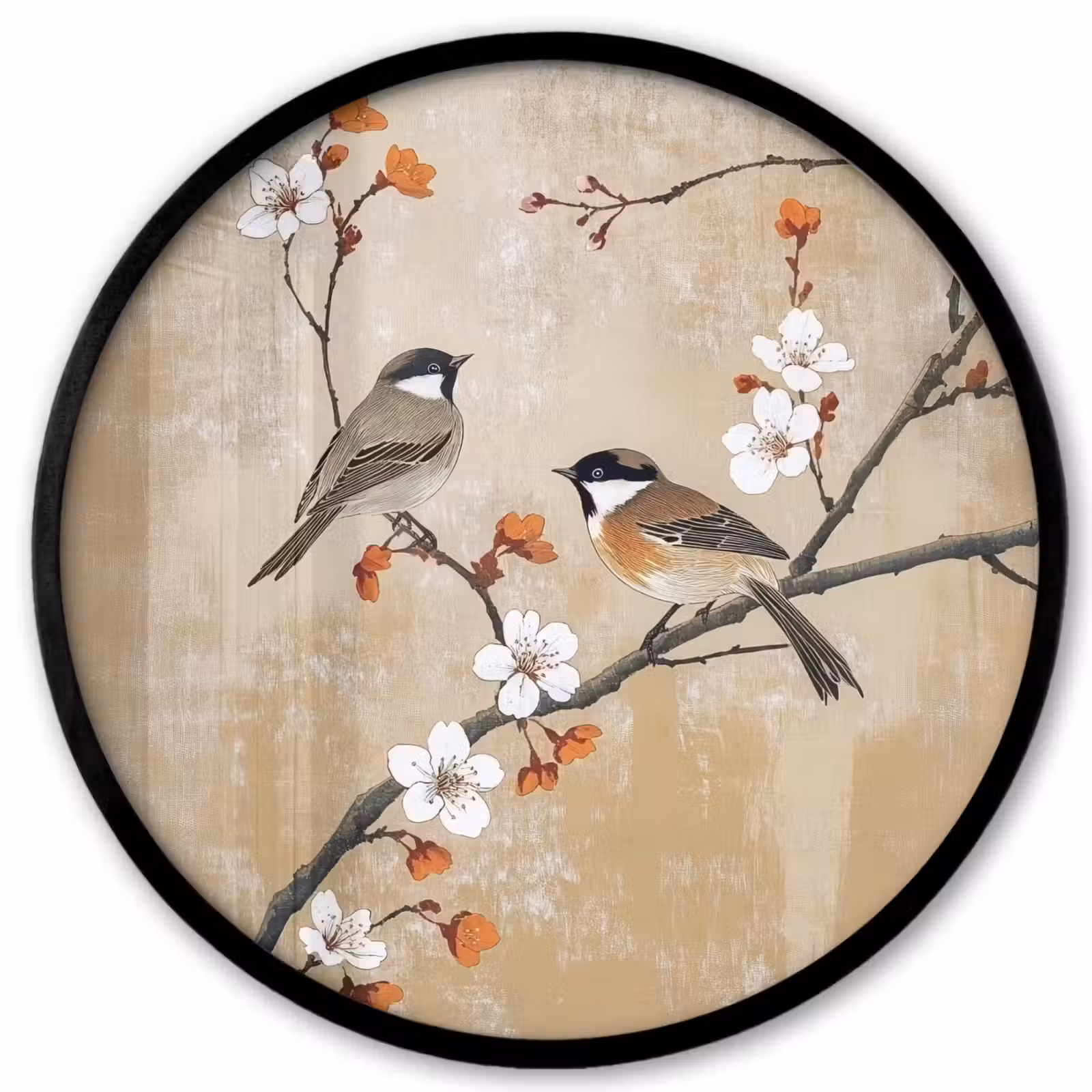 Ronde fotolijst - Vogels - Bloesemtak - Bloemen - Oranje — 1