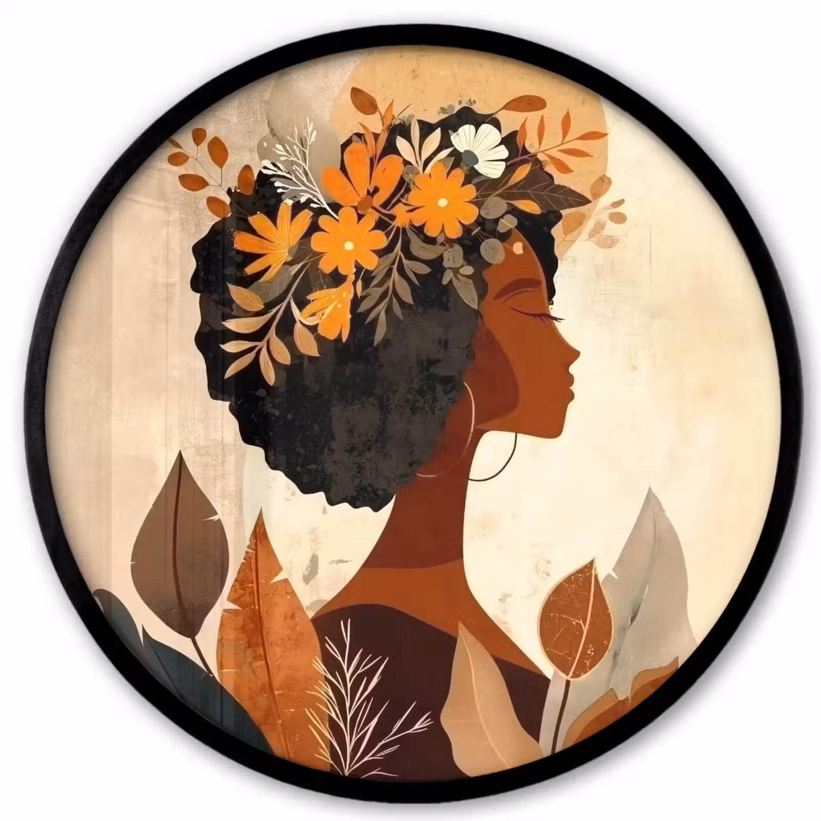 Ronde fotolijst - Vrouw - Krullen - Bloemen - Beige — 1