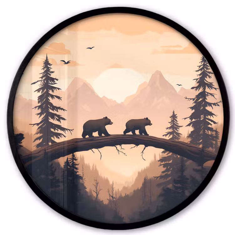 Ronde fotolijst - Beren - Bomen - Landschap - Zonsondergang — 1