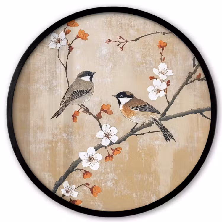 Ronde fotolijst - Vogels - Bloesemtak - Bloemen - Oranje — 1