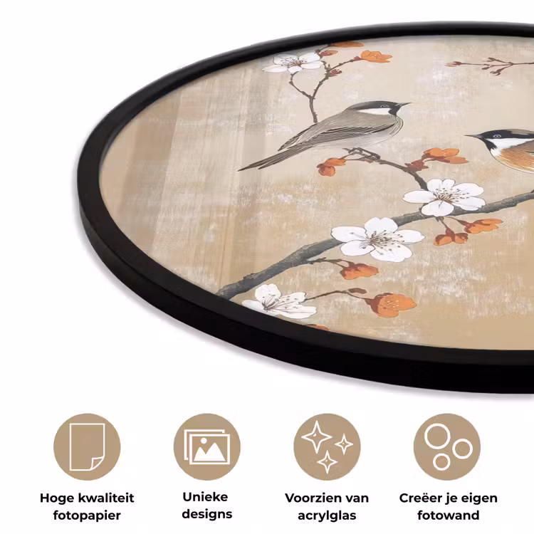 Ronde fotolijst - Vogels - Bloesemtak - Bloemen - Oranje — 2