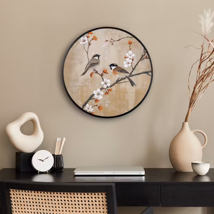 Ronde fotolijst - Vogels - Bloesemtak - Bloemen - Oranje — 3
