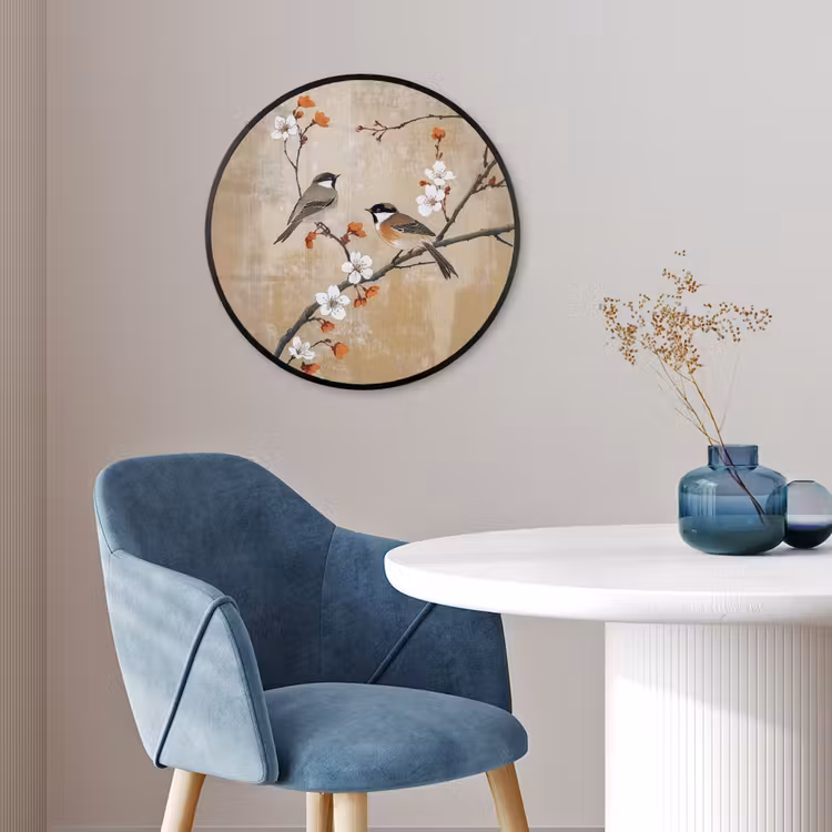 Ronde fotolijst - Vogels - Bloesemtak - Bloemen - Oranje — 4