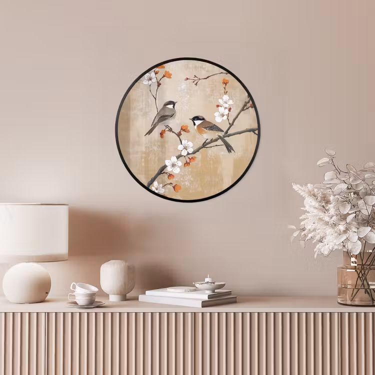 Ronde fotolijst - Vogels - Bloesemtak - Bloemen - Oranje — 5