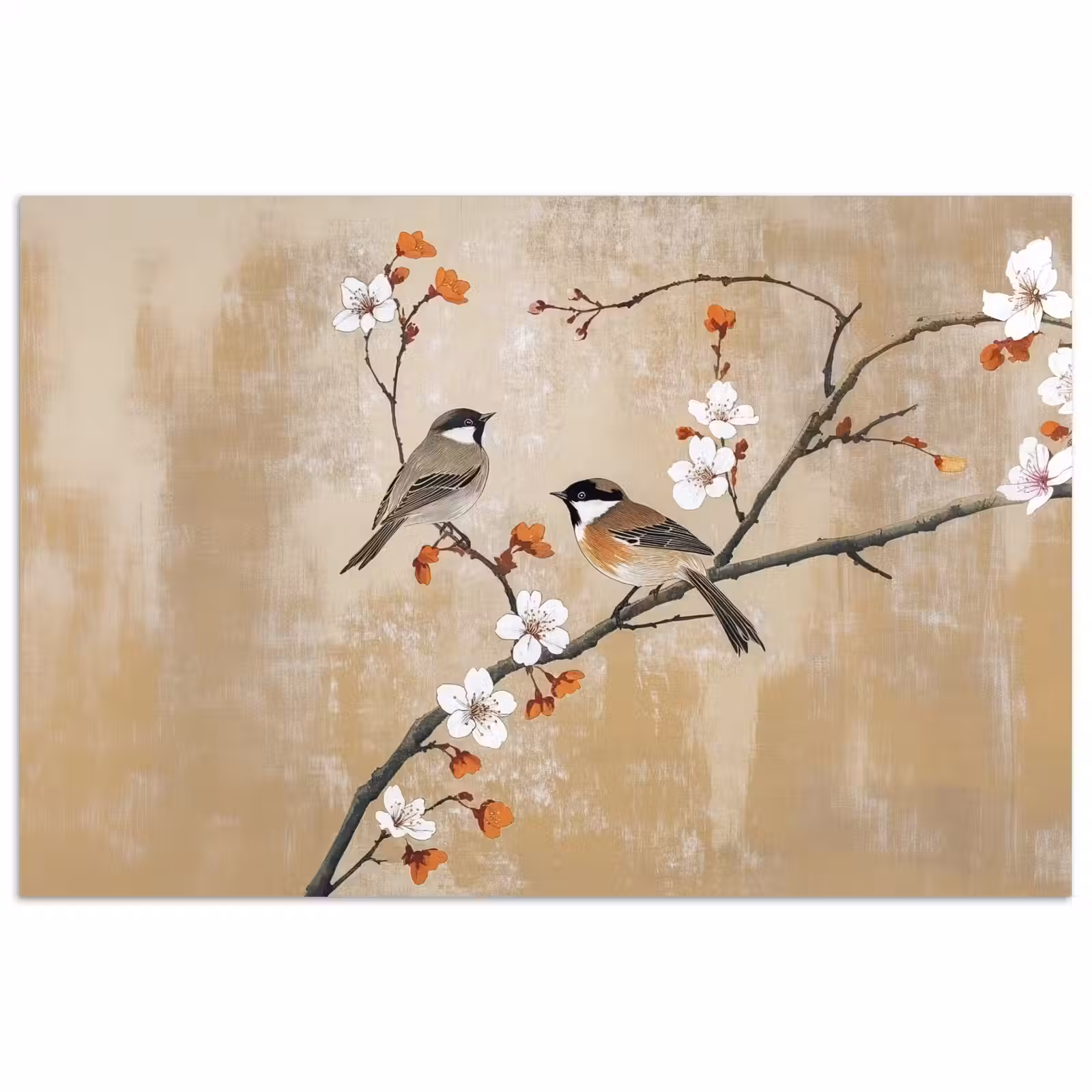 Poster – Vogels - Bloesemtak - Bloemen - Oranje — 1