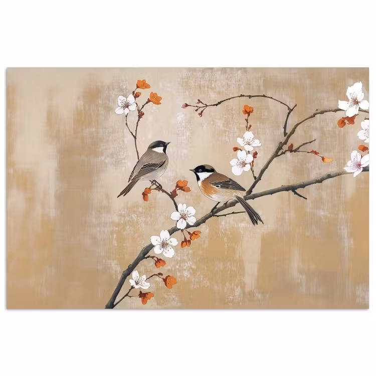 Poster – Vogels - Bloesemtak - Bloemen - Oranje — 1
